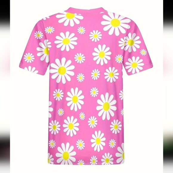 Pretty in Pink Daisy Print Crew Neck T-Shirt Sz 8/10 - Picture 2 of 3